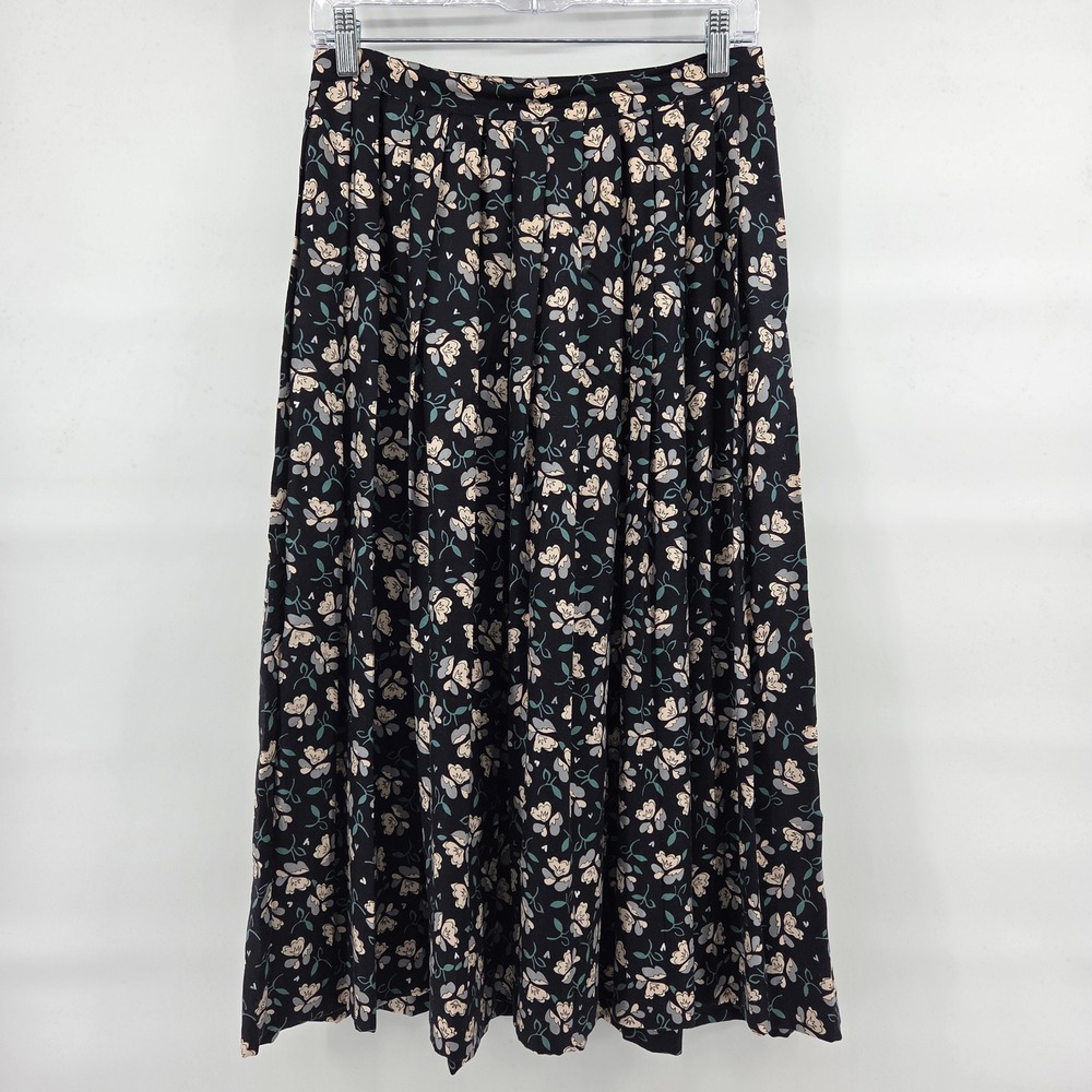 Cambridge Spirit Vintage Midi Skirt 10 Navy Blue Floral Pleated Cottagecore Boho
